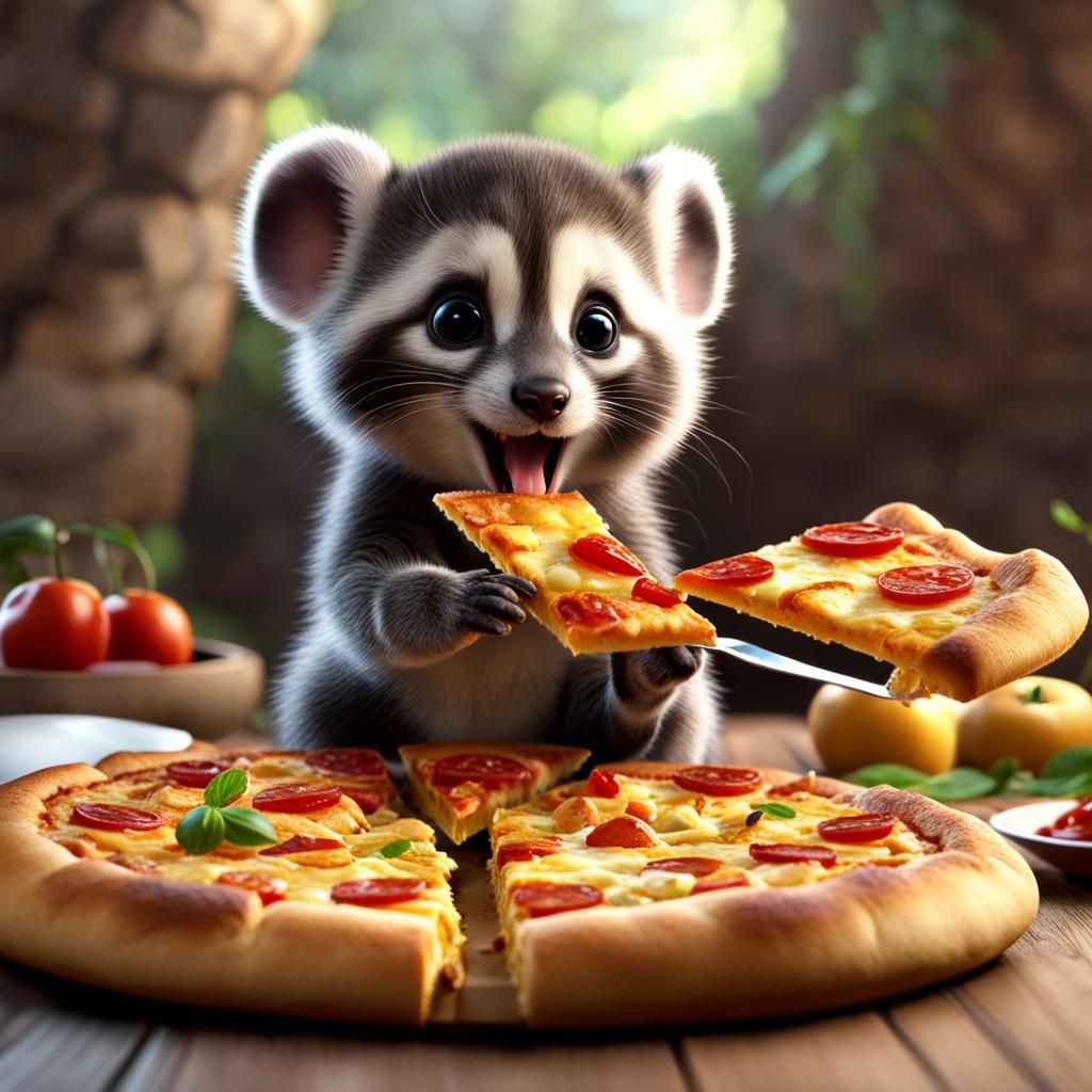 Cute Animal Enjoying Pizza, Detailed Matte Painting