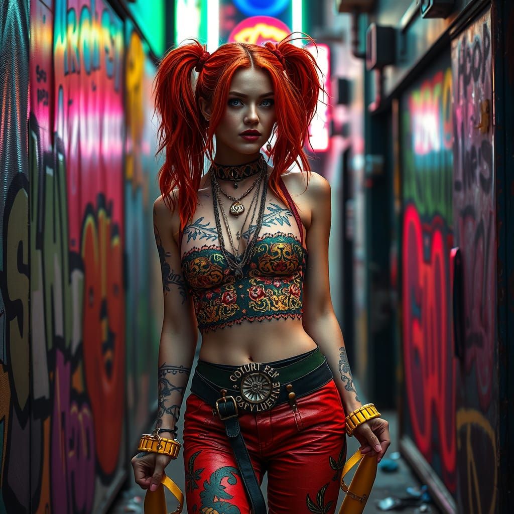 Cyberpunk Harley Quinn in Klimt-Inspired Oil Painting