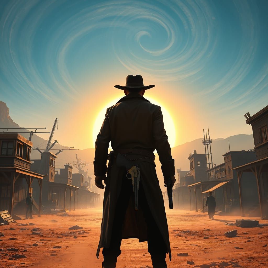 Gunslinger in Futuristic Alien Sunset, Inspired by Stalenhag...