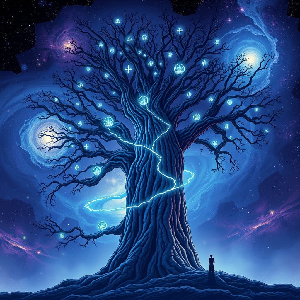 Ancient Obsidian Tree Amidst Cosmic Nebulae