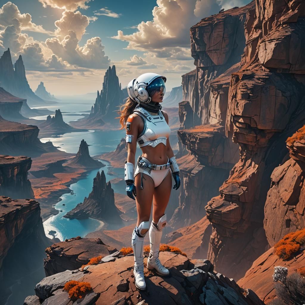 Woman in Bikini and Helmet on Alien Planet