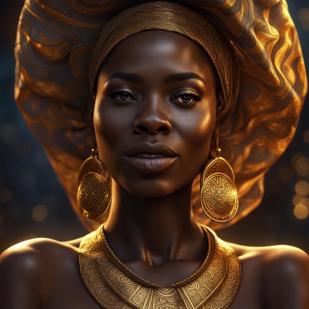 African Woman in Gold, Hyperrealistic Fantasy Art