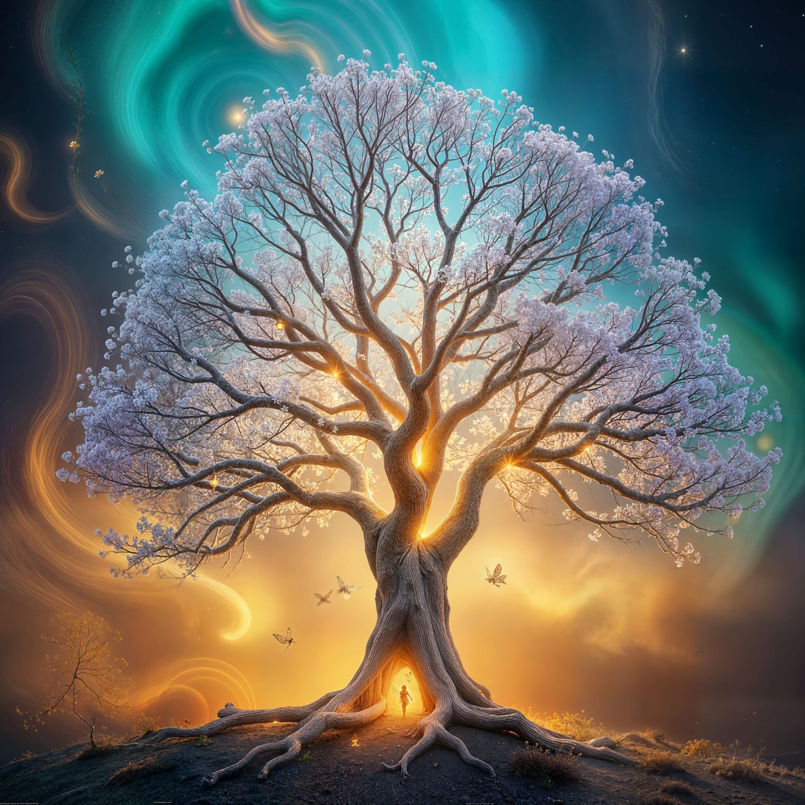 Enchanted Tree Radiates Golden Light and Magic