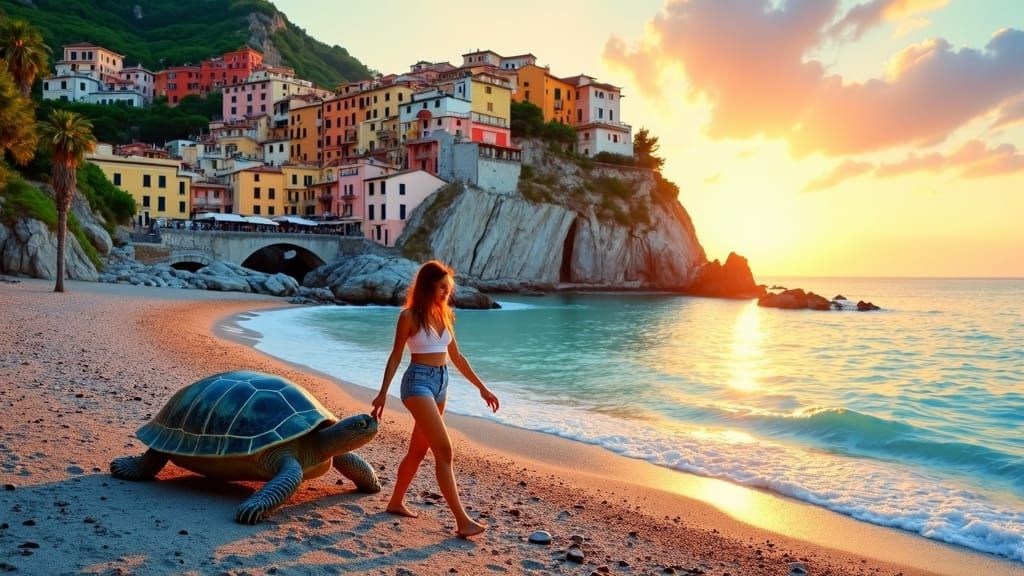 Vibrant Watercolor Turtle Beach Scene at Sunset