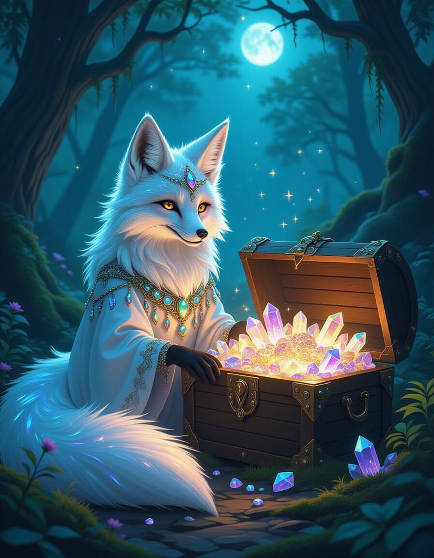 Mystical Fox Creature with Treasure in Enchanted Forest