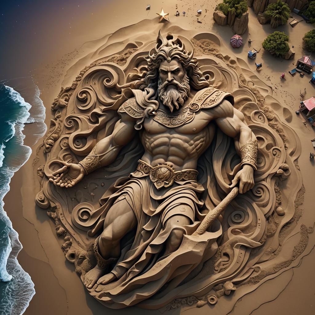 sand sculpture of Poseidon the Greek God