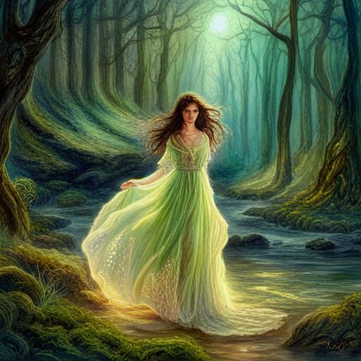 Brunette in Green Dress: Watercolor Storybook Illustration