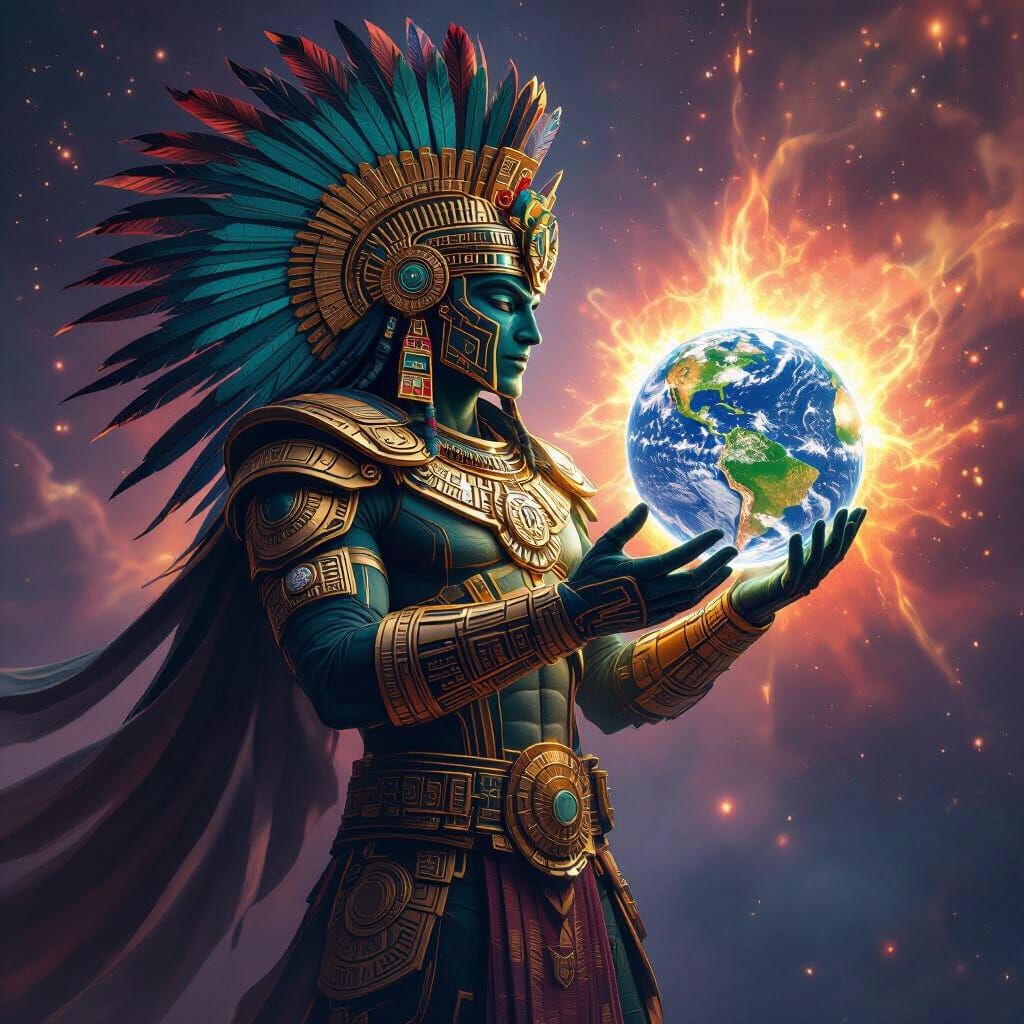 Aztec Sun God Huitzilopochtli in Futuristic Spacesuit Amidst...