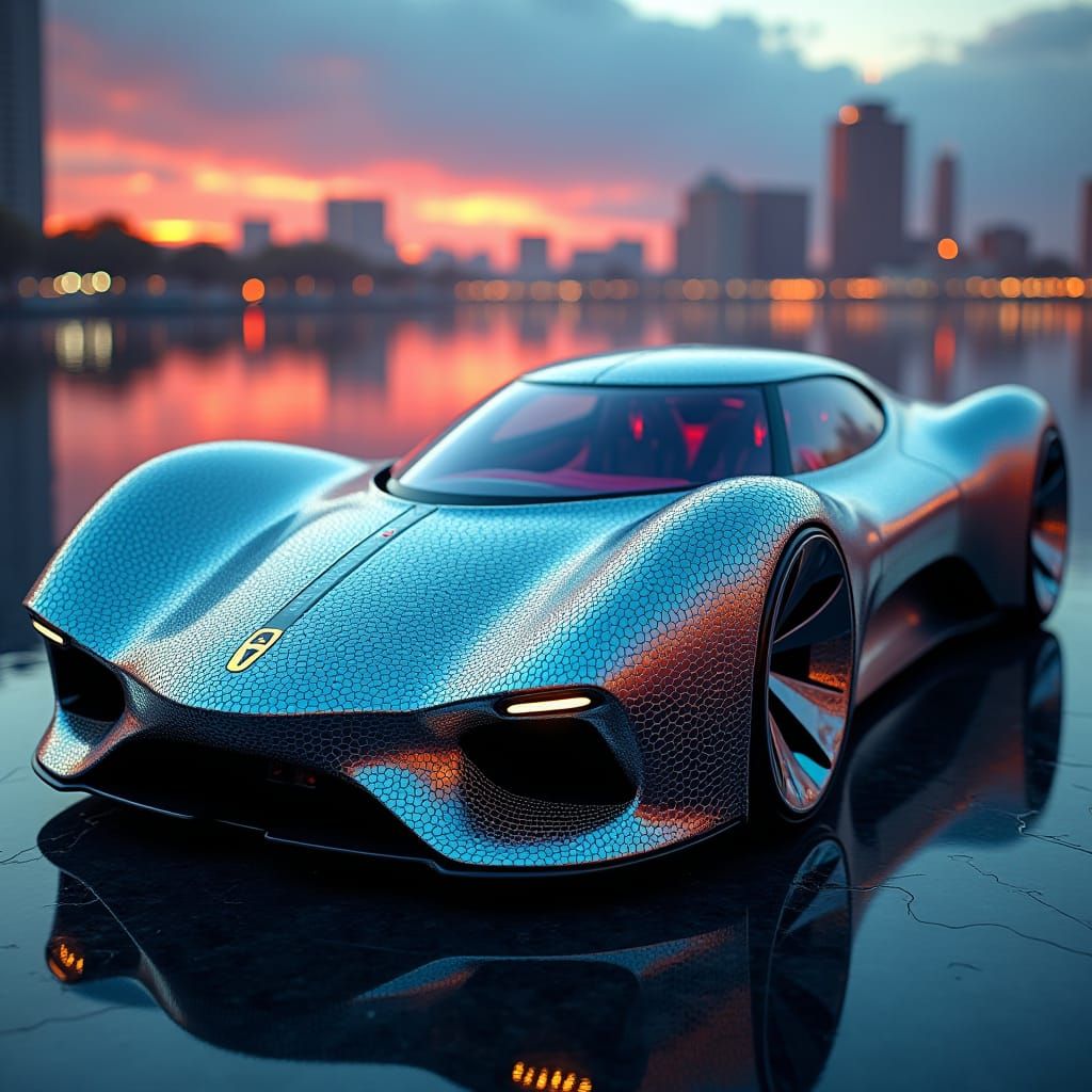 Futuristic Dragon Car with Neon Cityscape