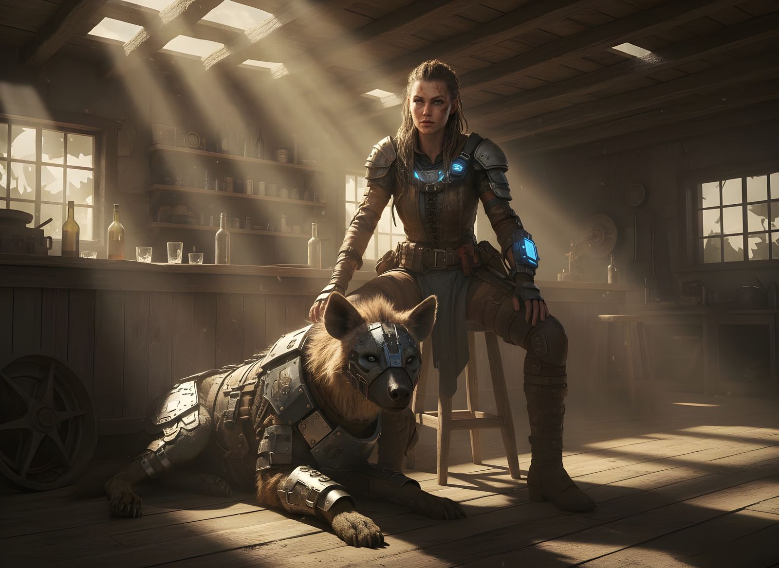 Post-Apocalyptic Warrior and Hyena in Rustic Bar