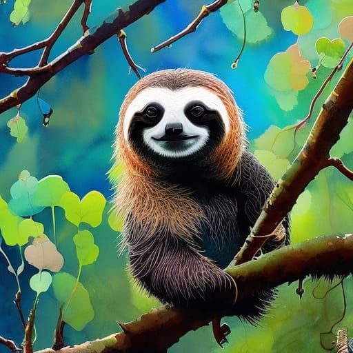 Cute Sloth in Gouache Painting Style