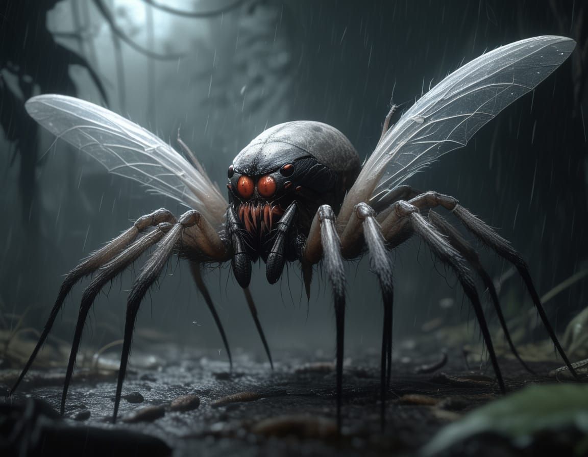 Grotesque Spider-Mosquito Hybrid in Dark, Misty Environment