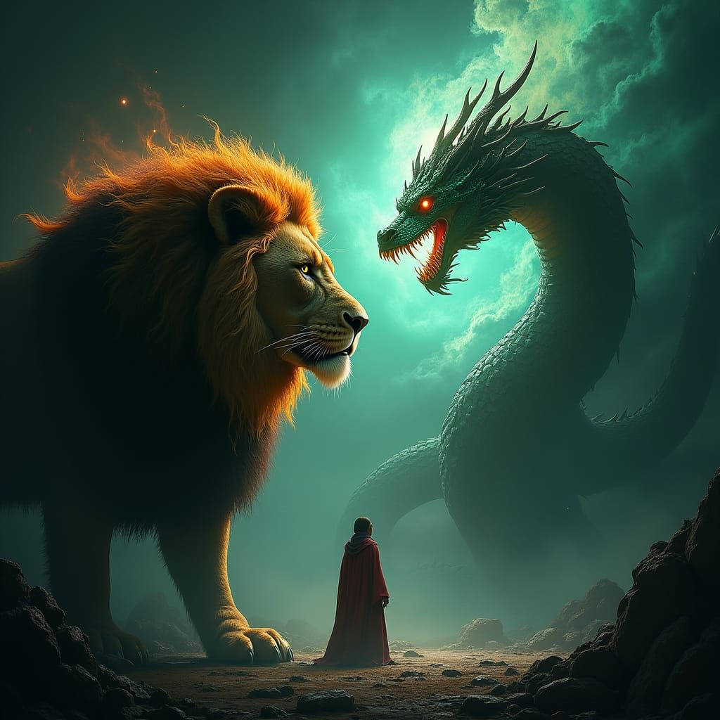 Lion and Dragon Face-Off: Fantasy Concept Art