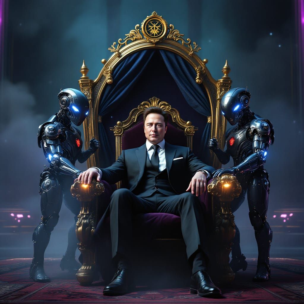 Elon Musk Carried by Tesla Robots in Victorian Chair