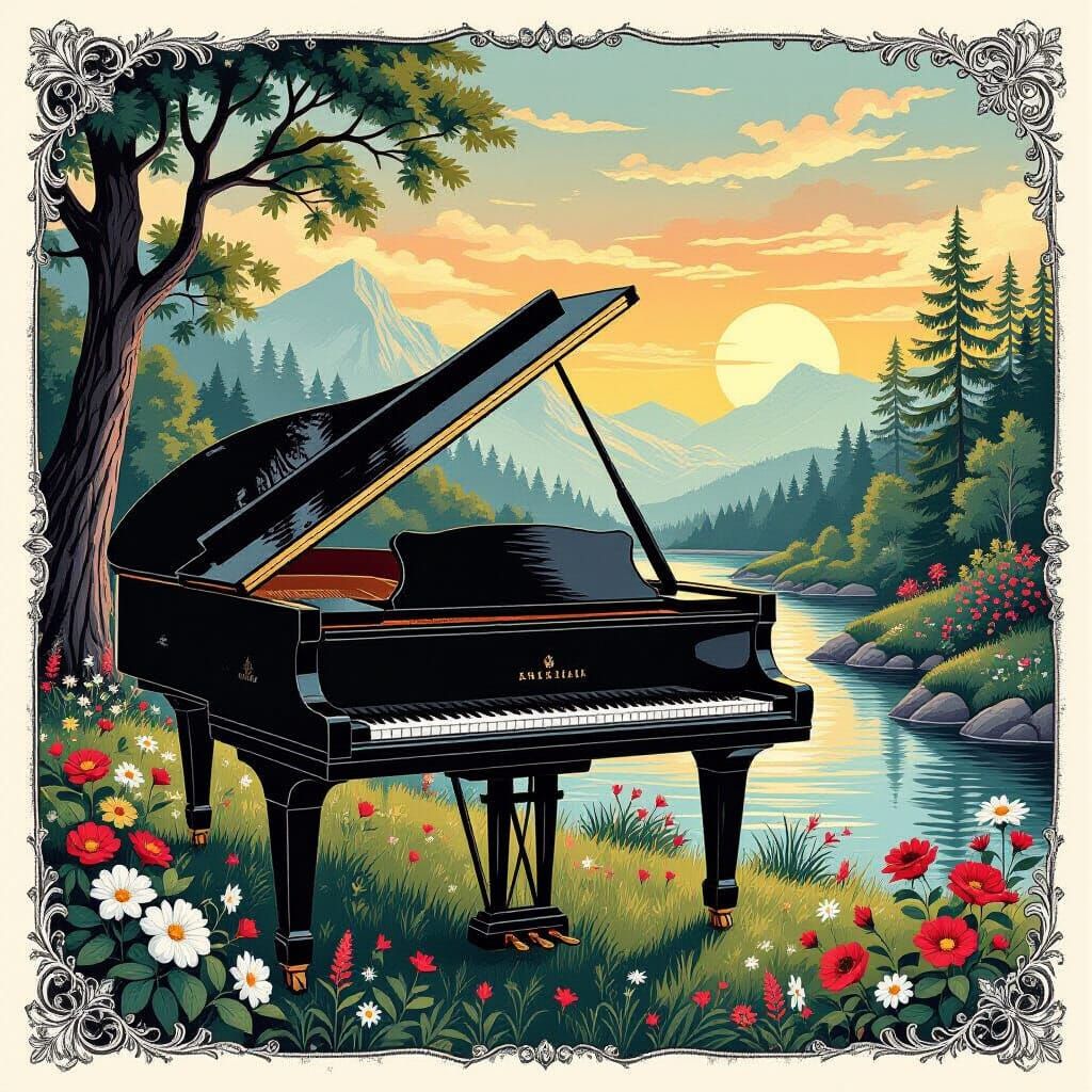 Majestic Piano in Serene Landscape: Ink Painting