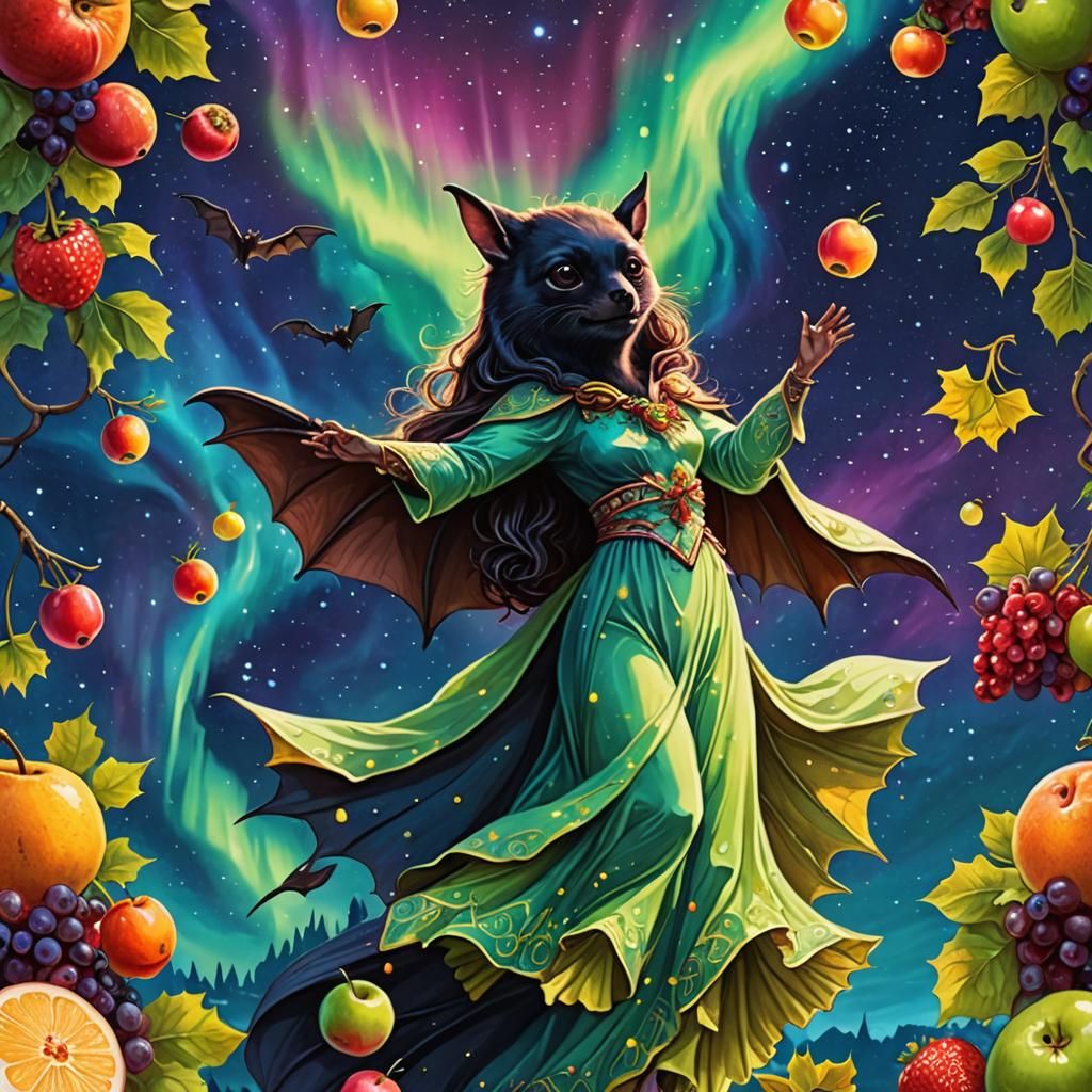 Fruit Bat Goddess Dancing with Aurora