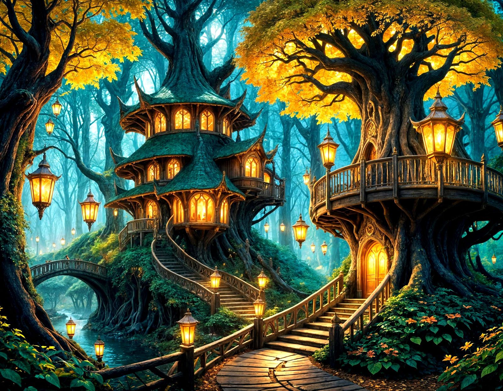 Ethereal Mallorn Tree Dwellings in a Golden Light