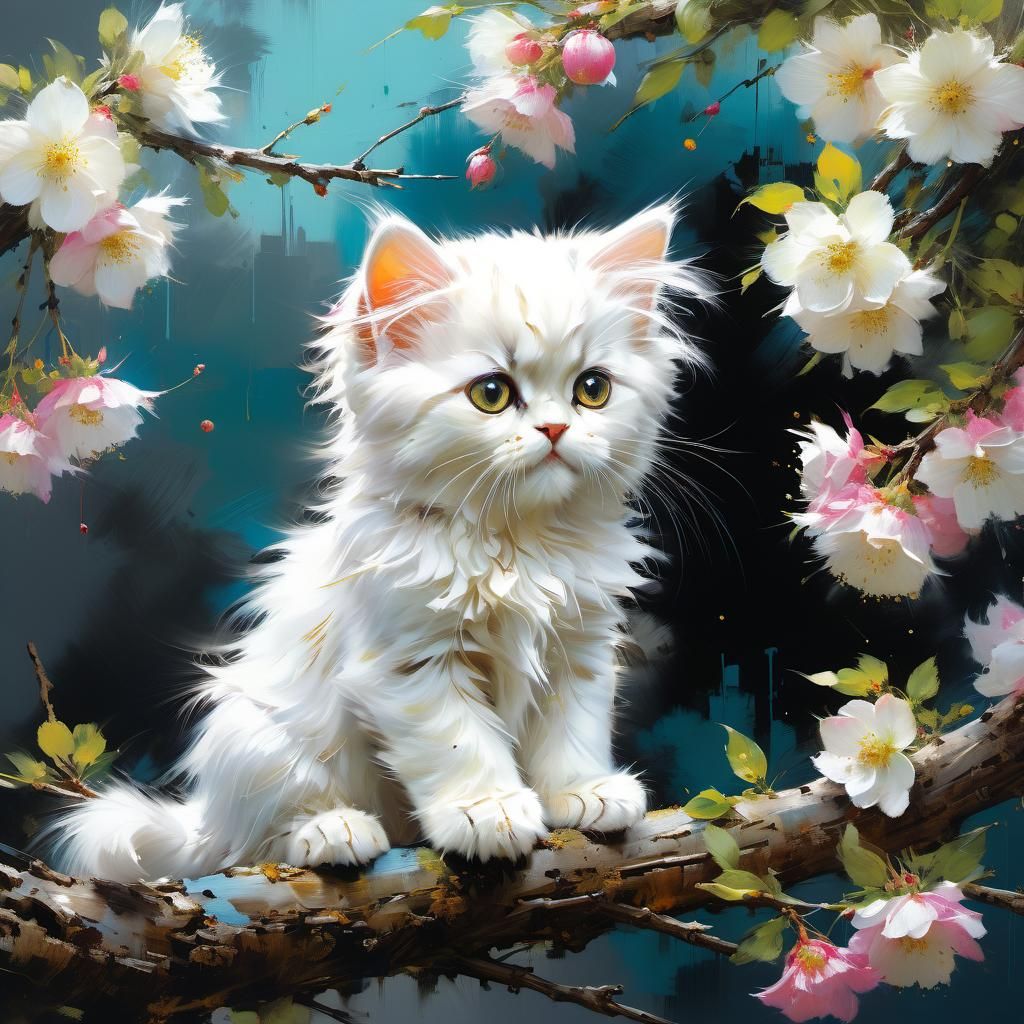 Persian Kitten on Apple Blossom Branch Painting