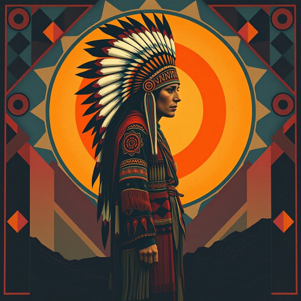 Art Deco Native American Figure in Oranges and Golds