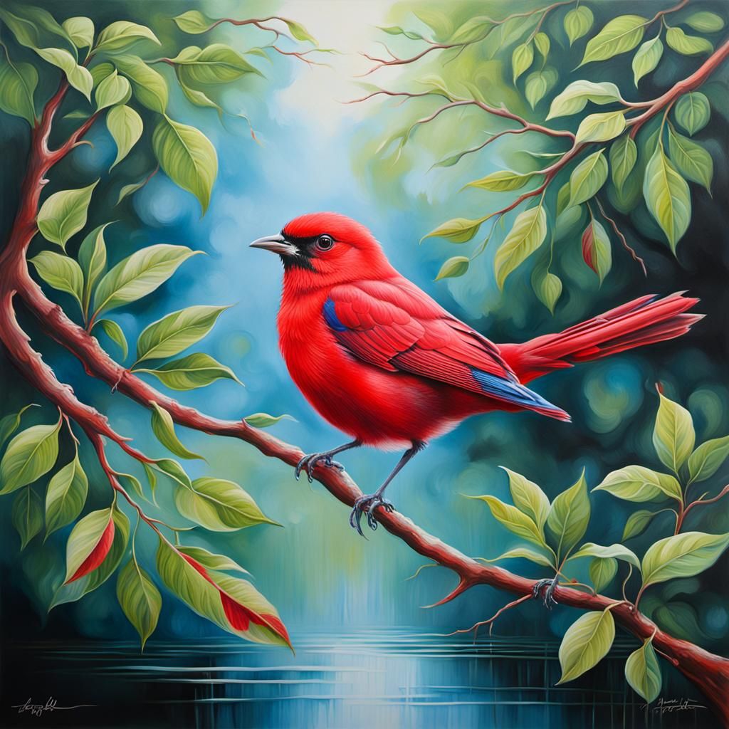 Vibrant Red Bird Painting on a Branch