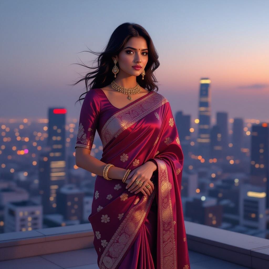 Indian Girl in Modern Saree, Metropolitan Skyline at Dusk