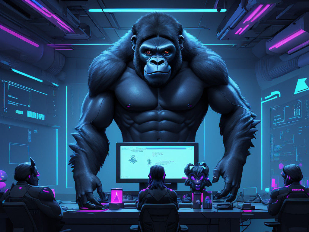 Gorilla Confronts High-Tech Monitors in a Neon Noir Scene