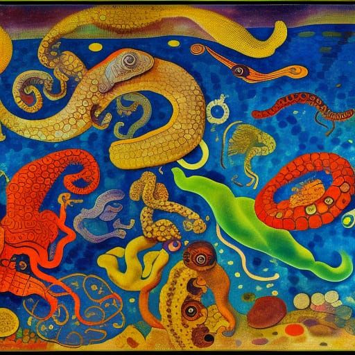 Underwater Mosaic of Eels and Octopuses Arguing