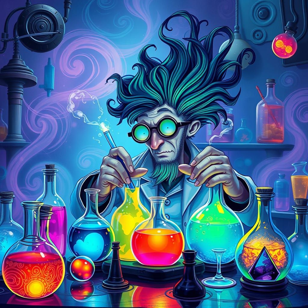 A colorful, surreal laboratory scene features a whimsical scientist with wild hair, mixing vibrant potions in an array o...