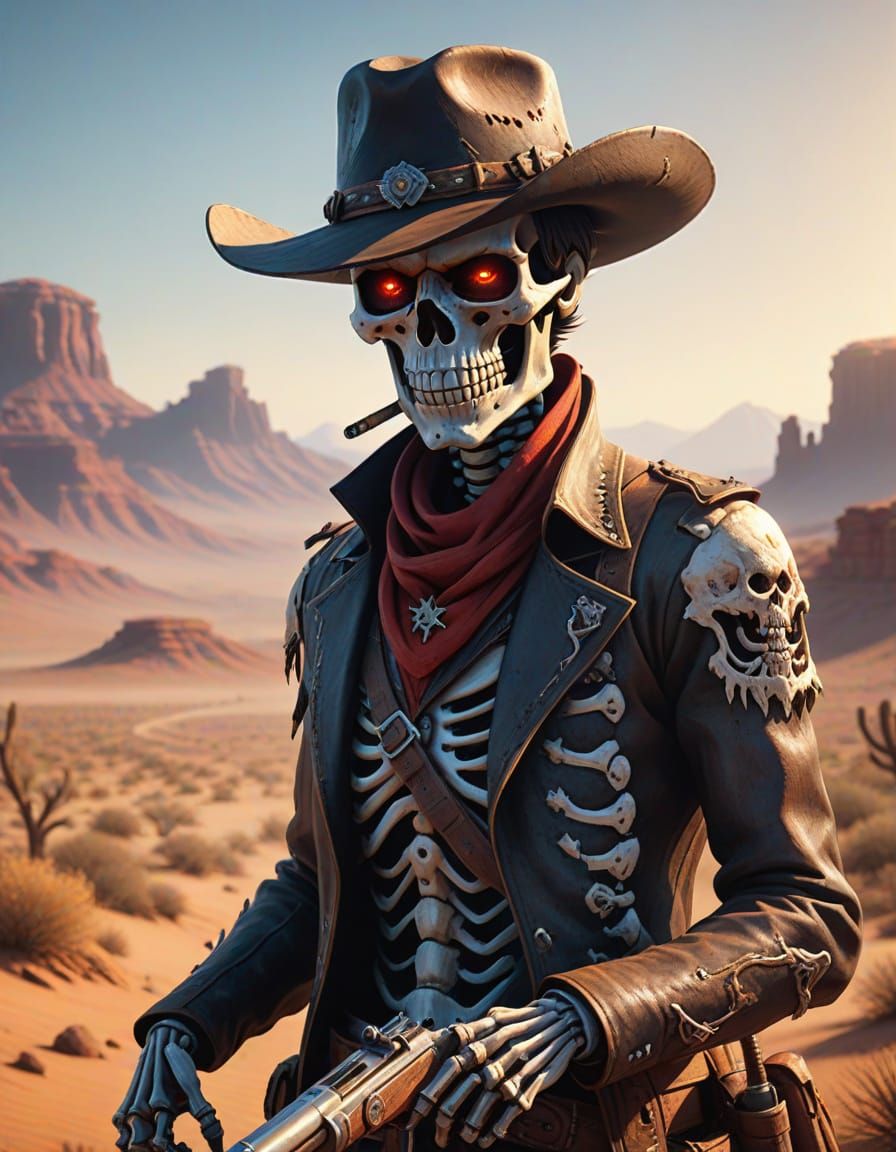 Glowing Skeleton Rides into Sunset in Dark Fantasy Oil Paint...