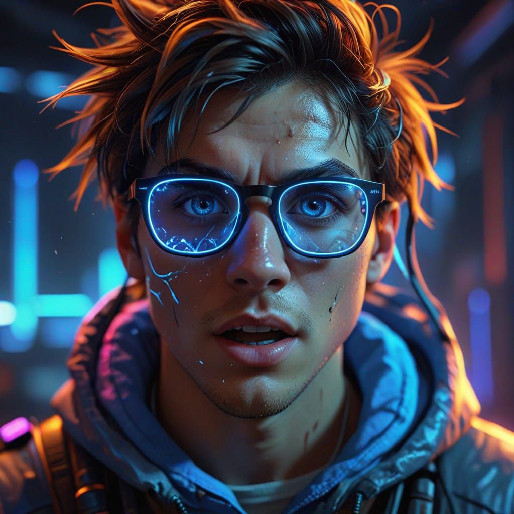 Euphoric Gamer in Hyper-Realistic Neon Digital Art