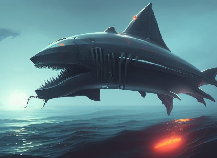 Futuristic Robot Shark Submarine in Hyperdetailed Style