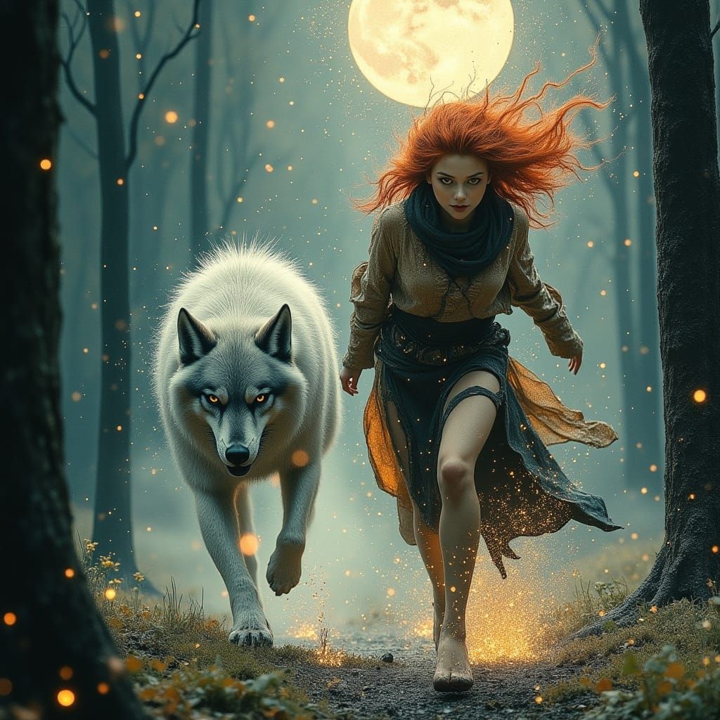 Mystical Witch Sprints Through Moonlit Forest with Majestic ...