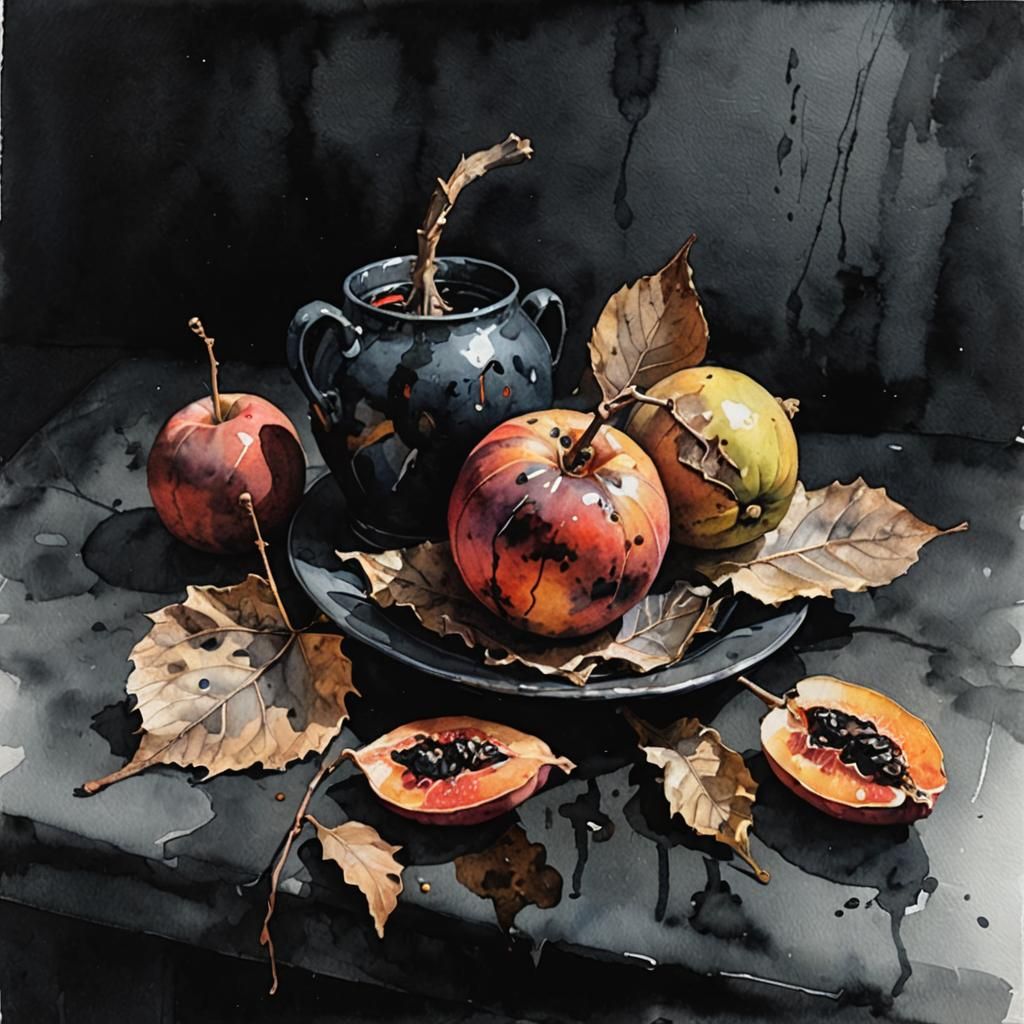 Dark Moody Watercolor Still Life with Decaying Fruit