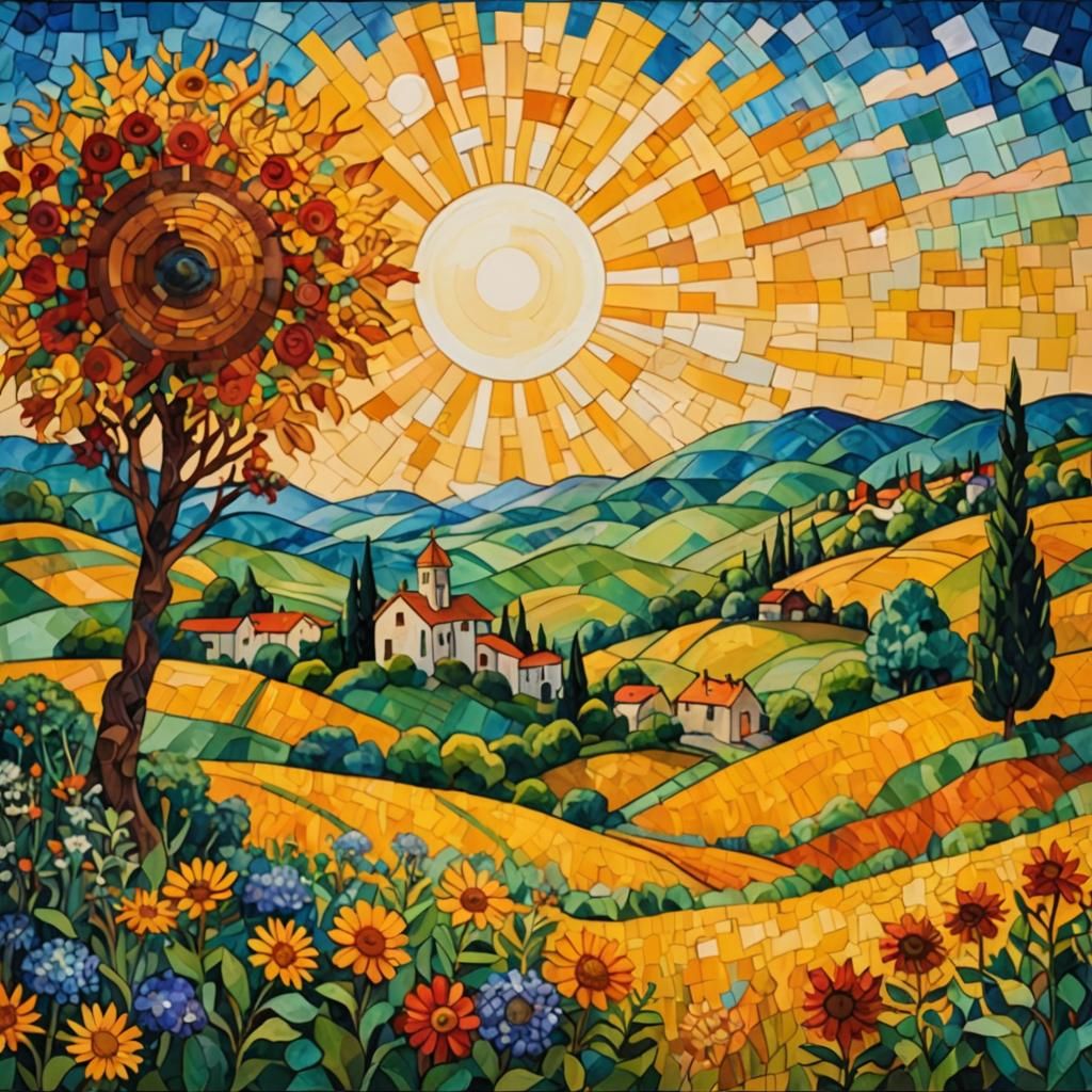 Vibrant Countryside Mosaic in Pointillist Style