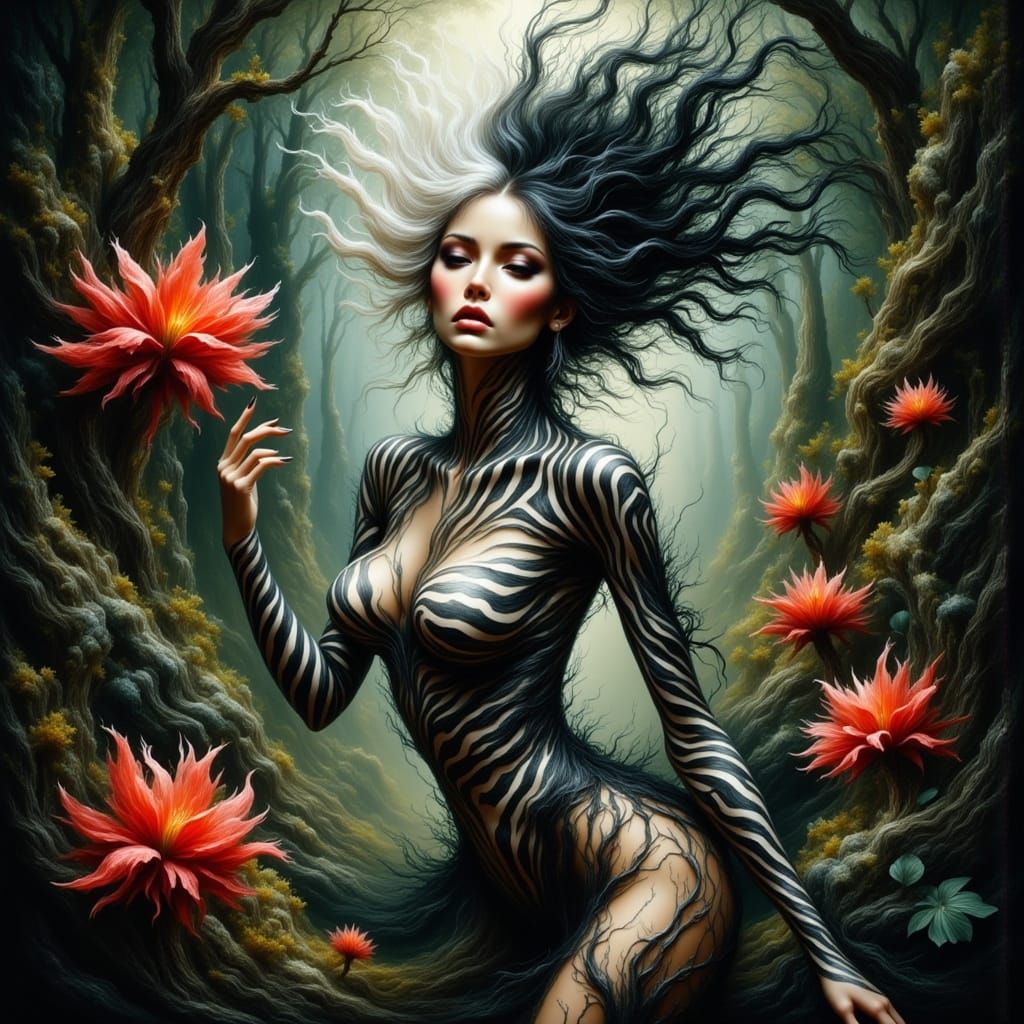 Enchanted Woodland Siren in Bold Black and White Stripes