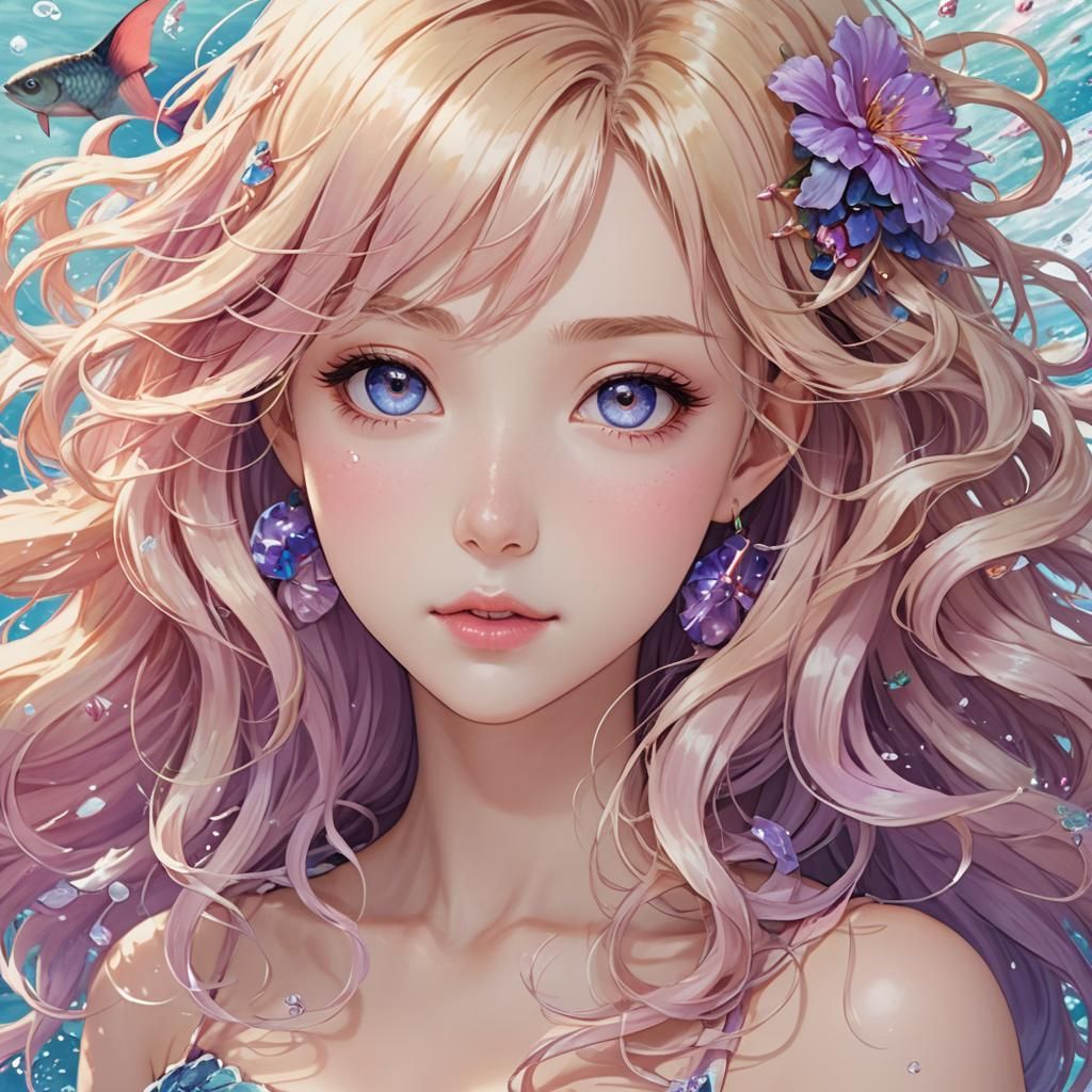 Anime Mermaid with Lilac Eyes and Blonde Hair