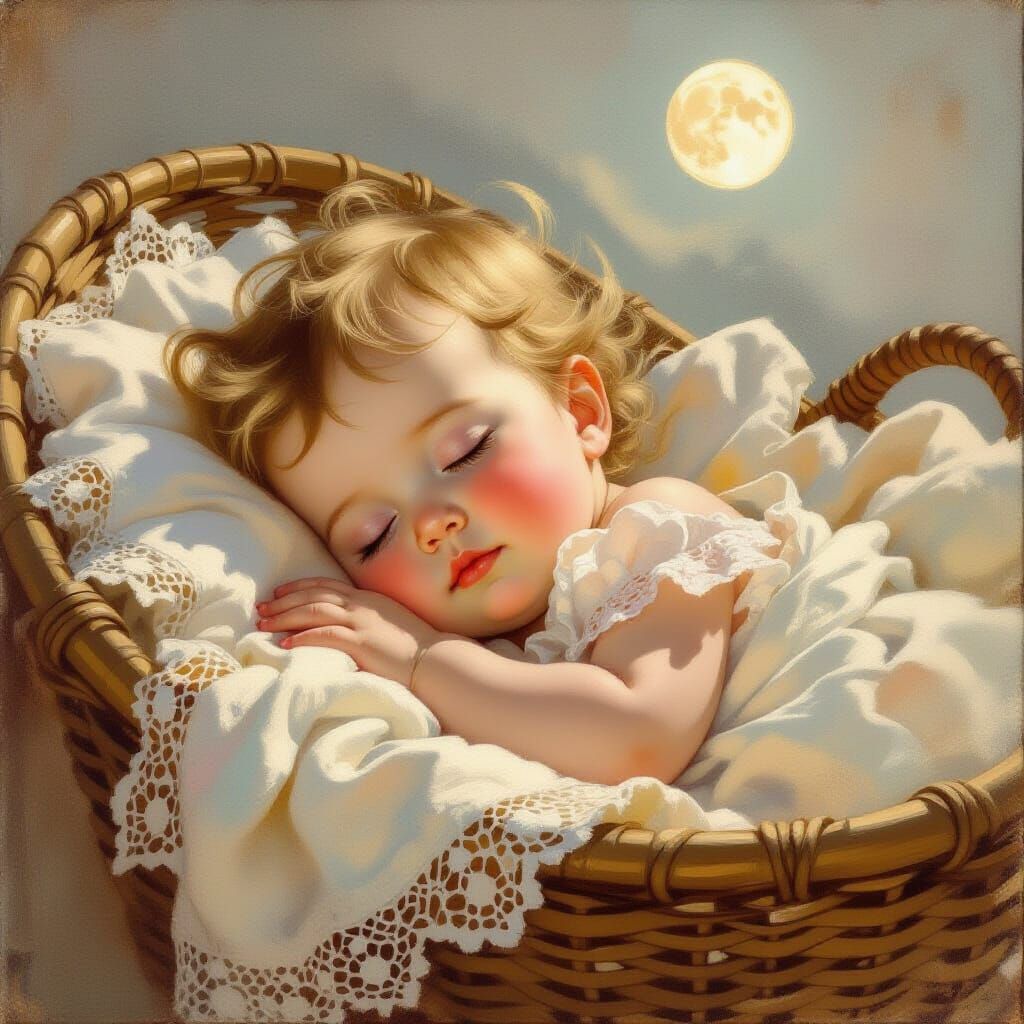 Serene Baby Sleeping in Lace Moses Basket Oil Painting