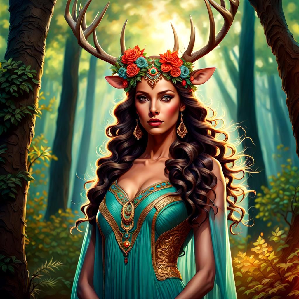 Hyperreal Deer Goddess in a Colorful Forest