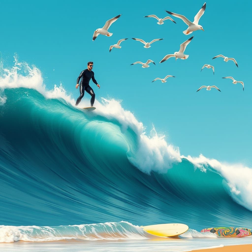 Confident Surfer Rides Turquoise Wave in Vibrant Surf Cultur...