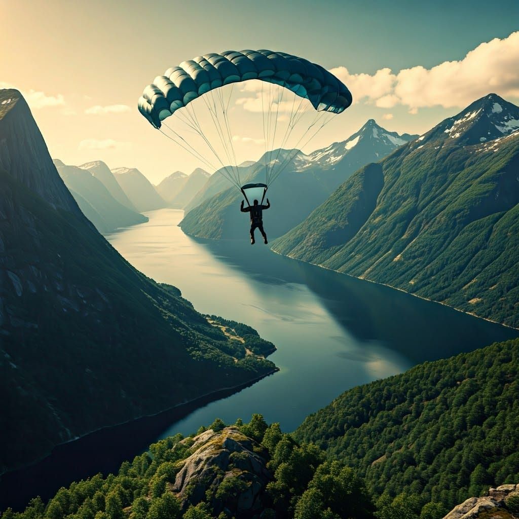 Skydiver Over Norwegian Fjord in Cinematic Style