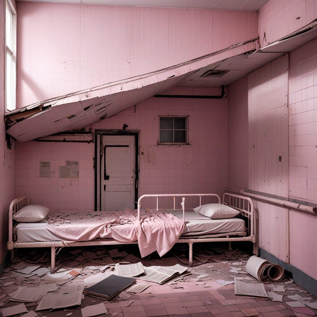 Creepy Abandoned Hospital Bedroom in Pastel Pink