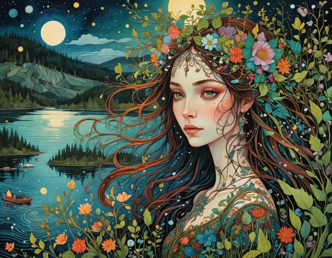 Swedish Lake Midsummer Night in Art Brut Style