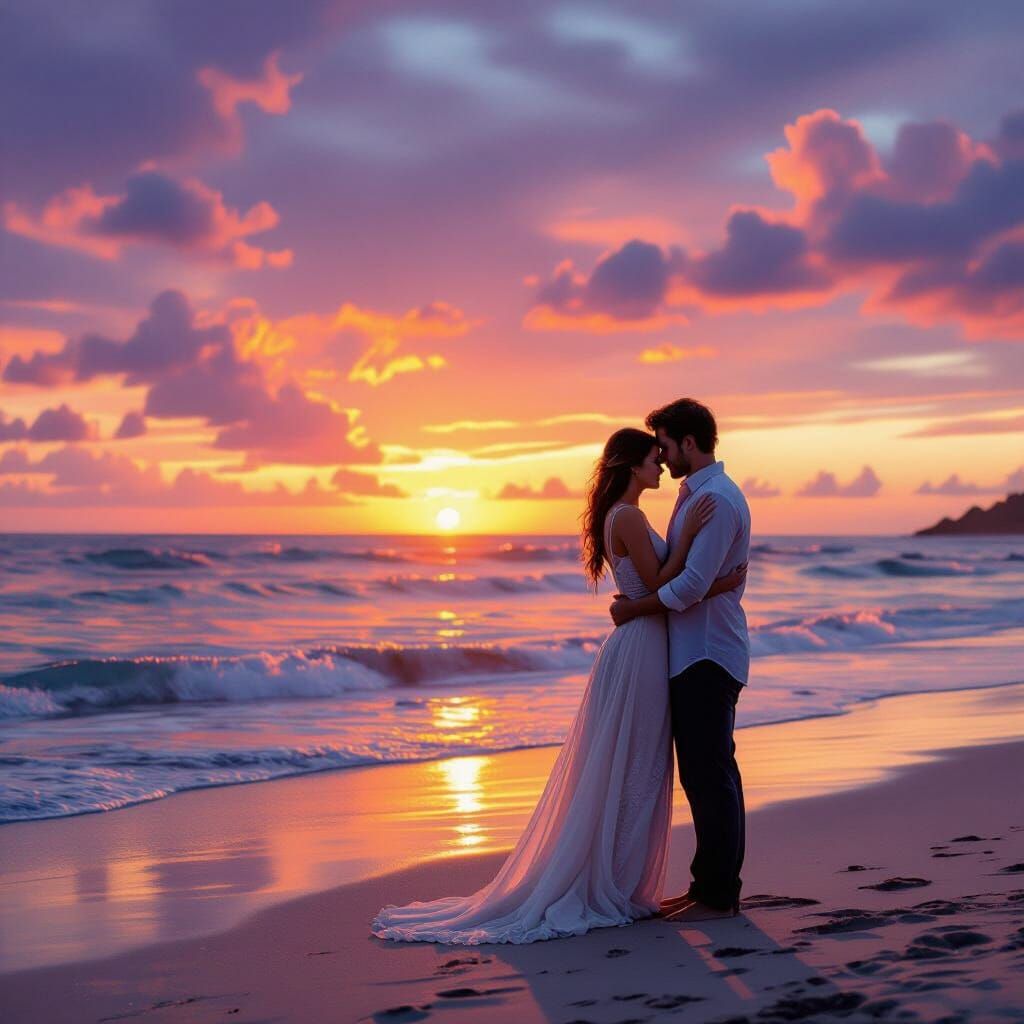 Couple Embracing on Beach at Fiery Sunset
