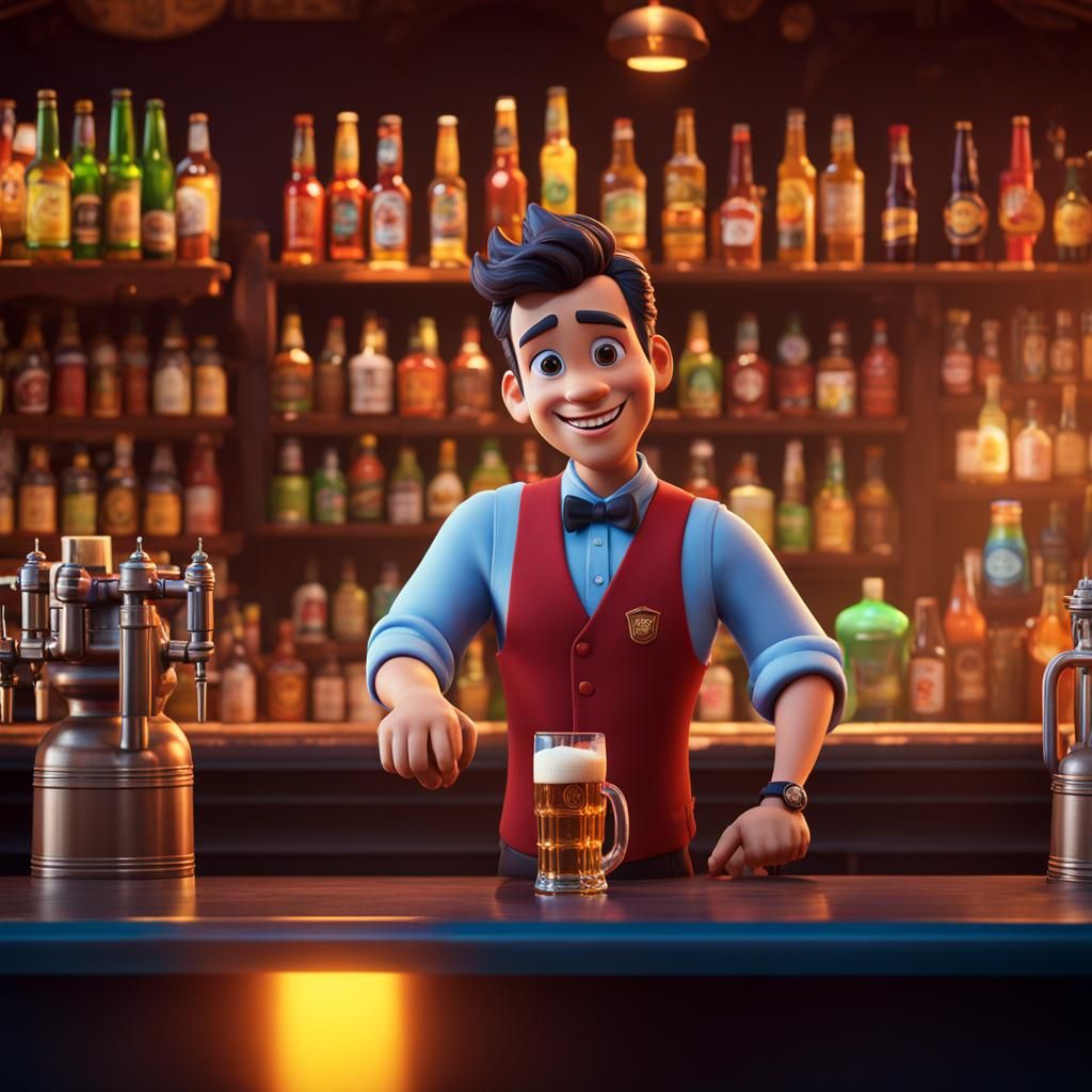 Bartender with Beer Steins in Pixar Style