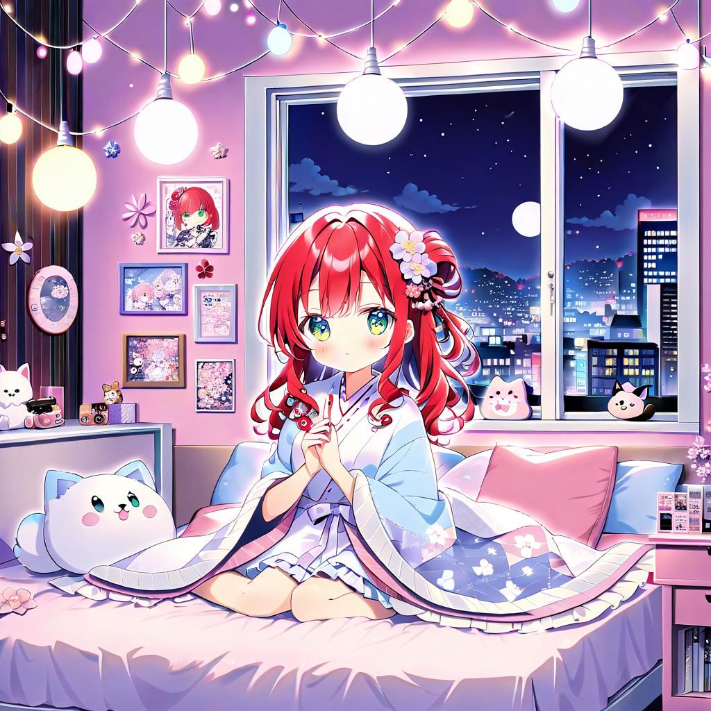 Anime Girl in Shibuya Bedroom with String Lights