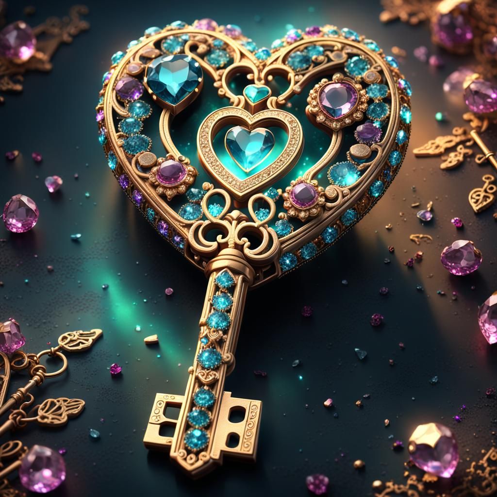 Gem Key Unlocking Heart in Fantasy Art Style