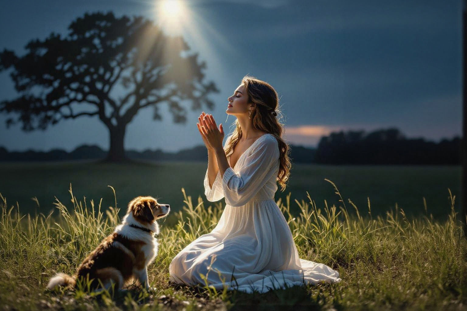 Woman Praying in Field with Dog Paws, Realistic Photo