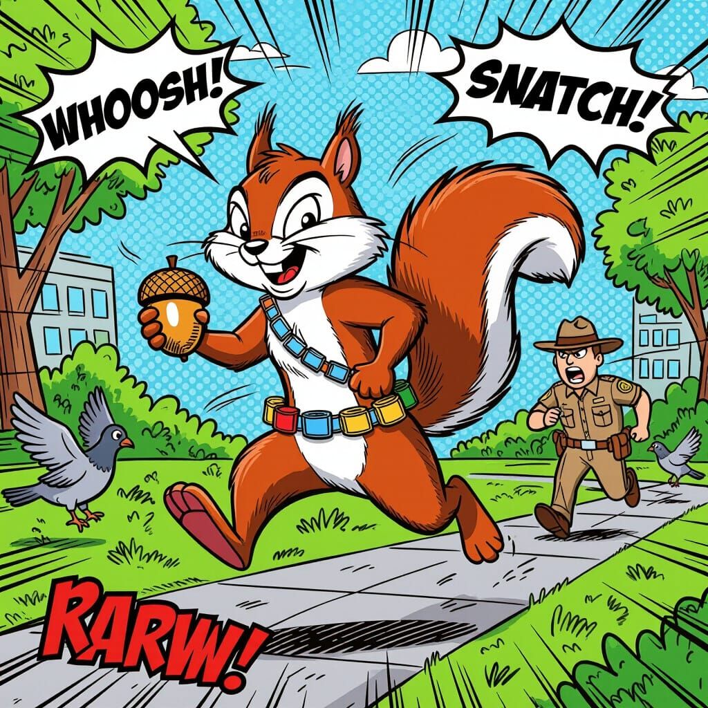 Squirrel Acorn Heist in Comic Book Style
