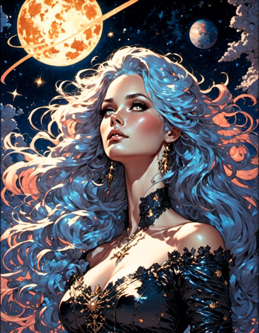 Gothic Comic Book Portrait Under Galaxy Sky