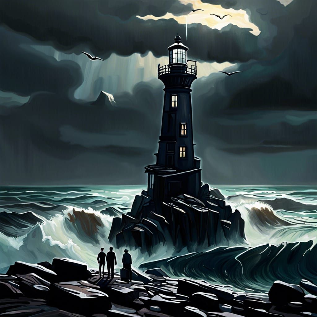Lighthouse Rescue: Dark Fantasy Oil Painting